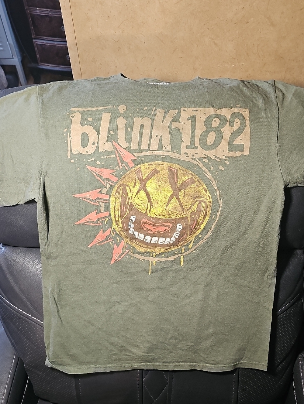 Blink-182 Graphic Band Tee - Olive with Yellow & Red Print Band Shirt